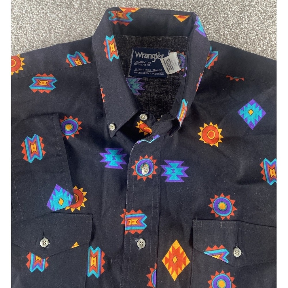 VTG Wrangler Cowboy Cut Western Loud Aztec Shirt Black Men XL Cotton 16.5-34